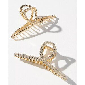 Anthropologie Set of Two Metal Gold Hair Claw Clips CZ Rhinestone